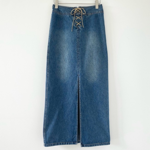 Y2K Denim Skirt w Suede Lace Up Waist - Picture 1 of 6